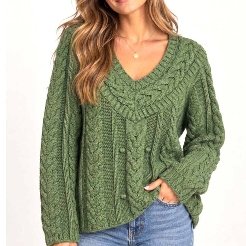 NWT Old Navy Fisherman Sweater L Green Wool Blend Chunky Cable Knit V Neck